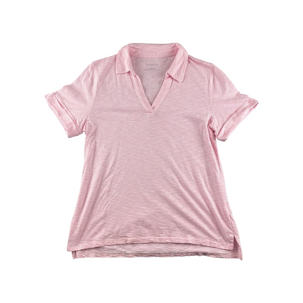 Talbots Pink White‎ Stripe Short Sleeve V Neck Polo Shirt Top Women's Size L